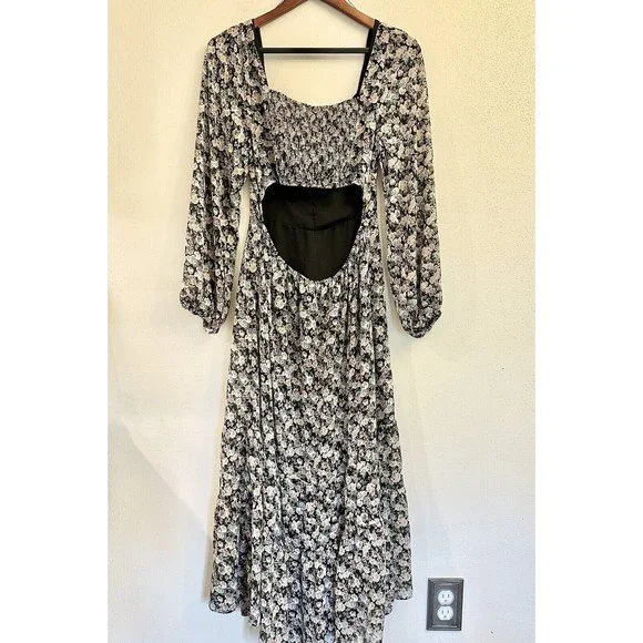 Lush Womens MIDI Dress W/ Puff Sleeve In Black Multi Floral- Size Large - Picture 7 of 14